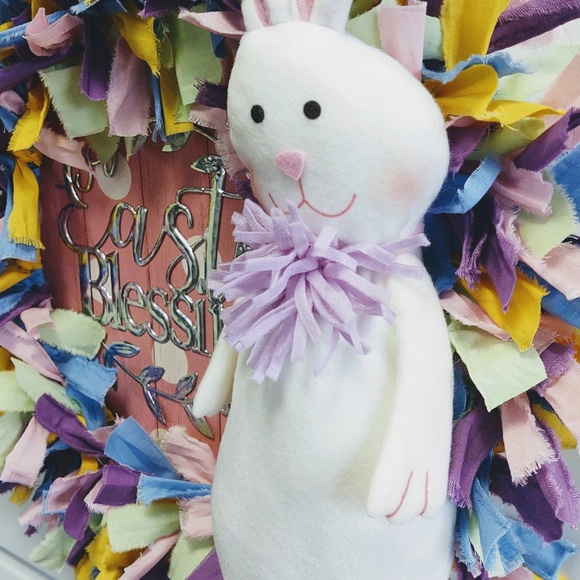 HANDCRAFTED DECOR EASTER BLESSINGS WHITE BUNNY PASTEL FABRIC RAG WREATH 18" - Picture 5 of 9